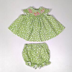 Amanda Remembered Outfit Baby Girl Sz 3m Green Polka Dot Sandal Smocked Boutique